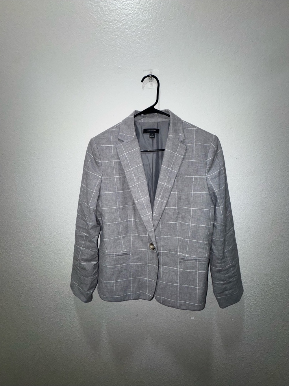 Ann Taylor Light Gray Windowpane One-Button Blazer